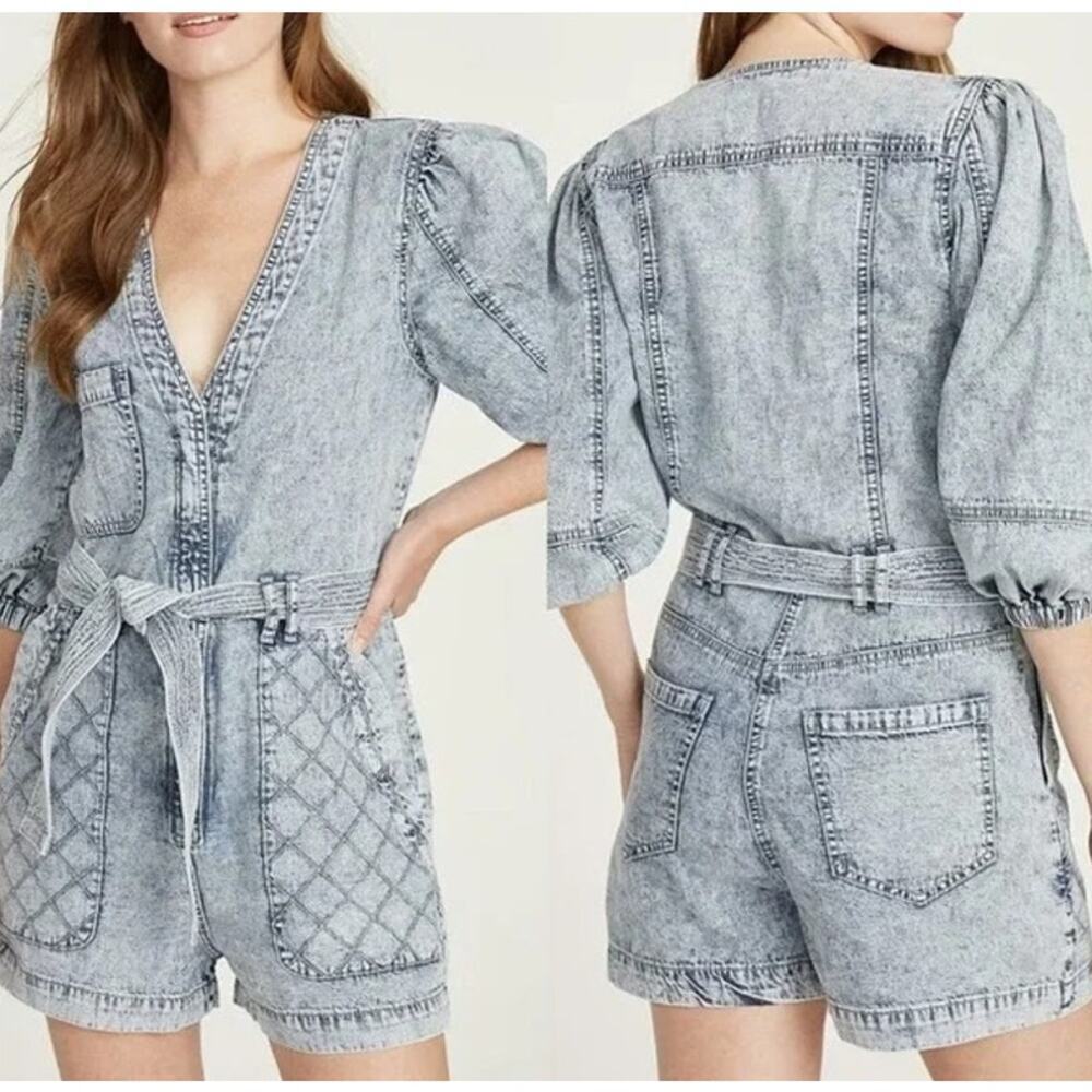 Driftwood Quilted Romper Belted Waist Denim Acid Wash Size Small NEW - Picture 2 of 11